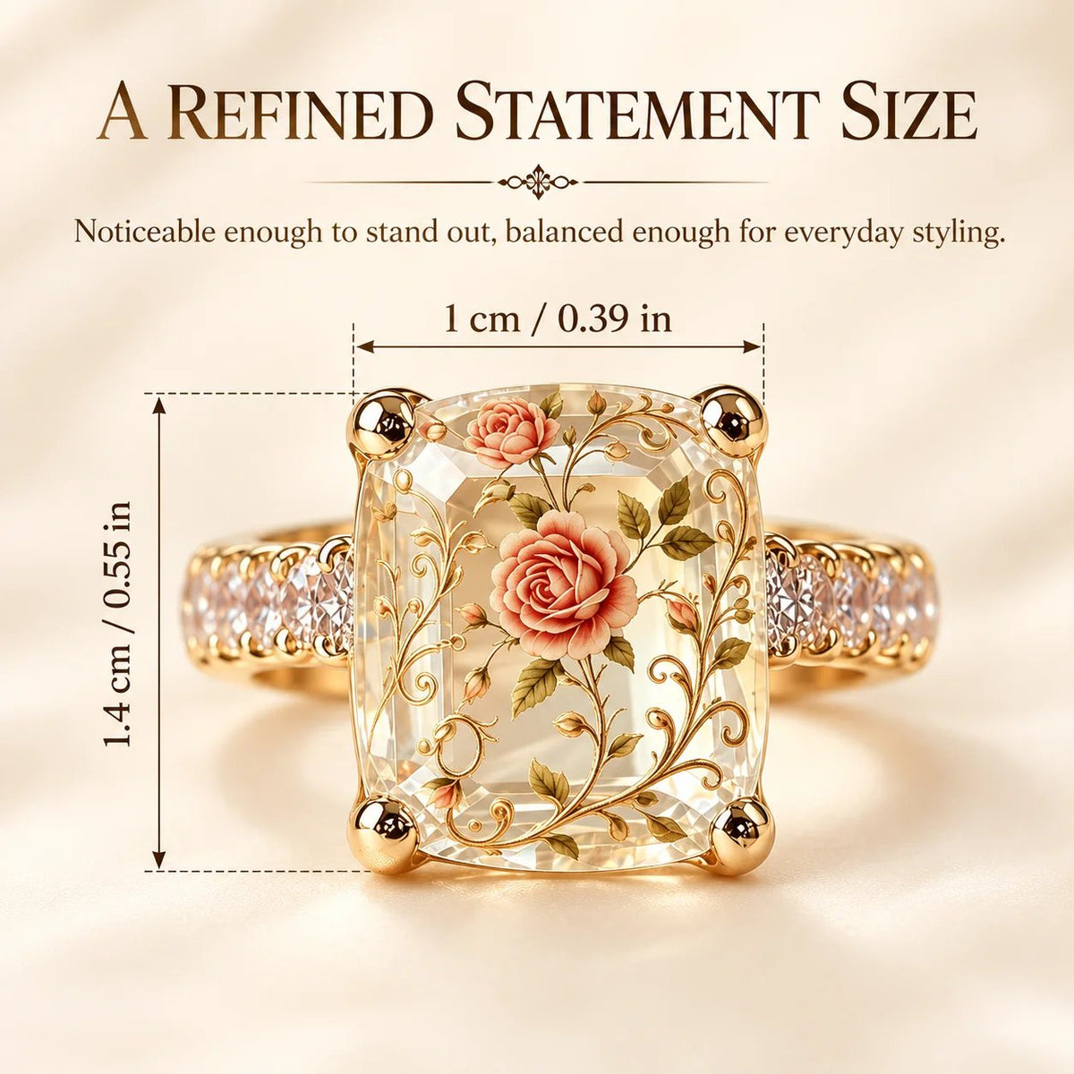 Vintage Rose Floral Crystal Statement Ring with Gold-Tone Band