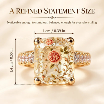 Vintage Rose Floral Crystal Statement Ring with Gold-Tone Band
