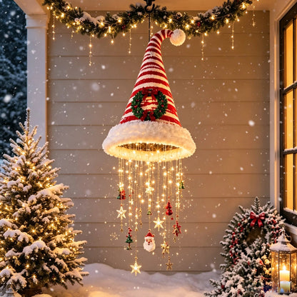 🎅✨Light‑Up Santa Hat Hanging Chandelier, Plush Christmas Pendant Light