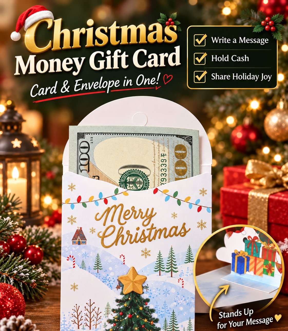 🎁Handmade 3D Christmas Money Gift Card, Pop Up Holiday Card with Cash Envelope, Creative Christmas Greeting Card for Kids, Family & Loved Ones💵