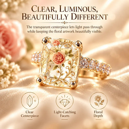 Vintage Rose Floral Crystal Statement Ring with Gold-Tone Band