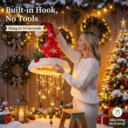 🎅✨Light‑Up Santa Hat Hanging Chandelier, Plush Christmas Pendant Light