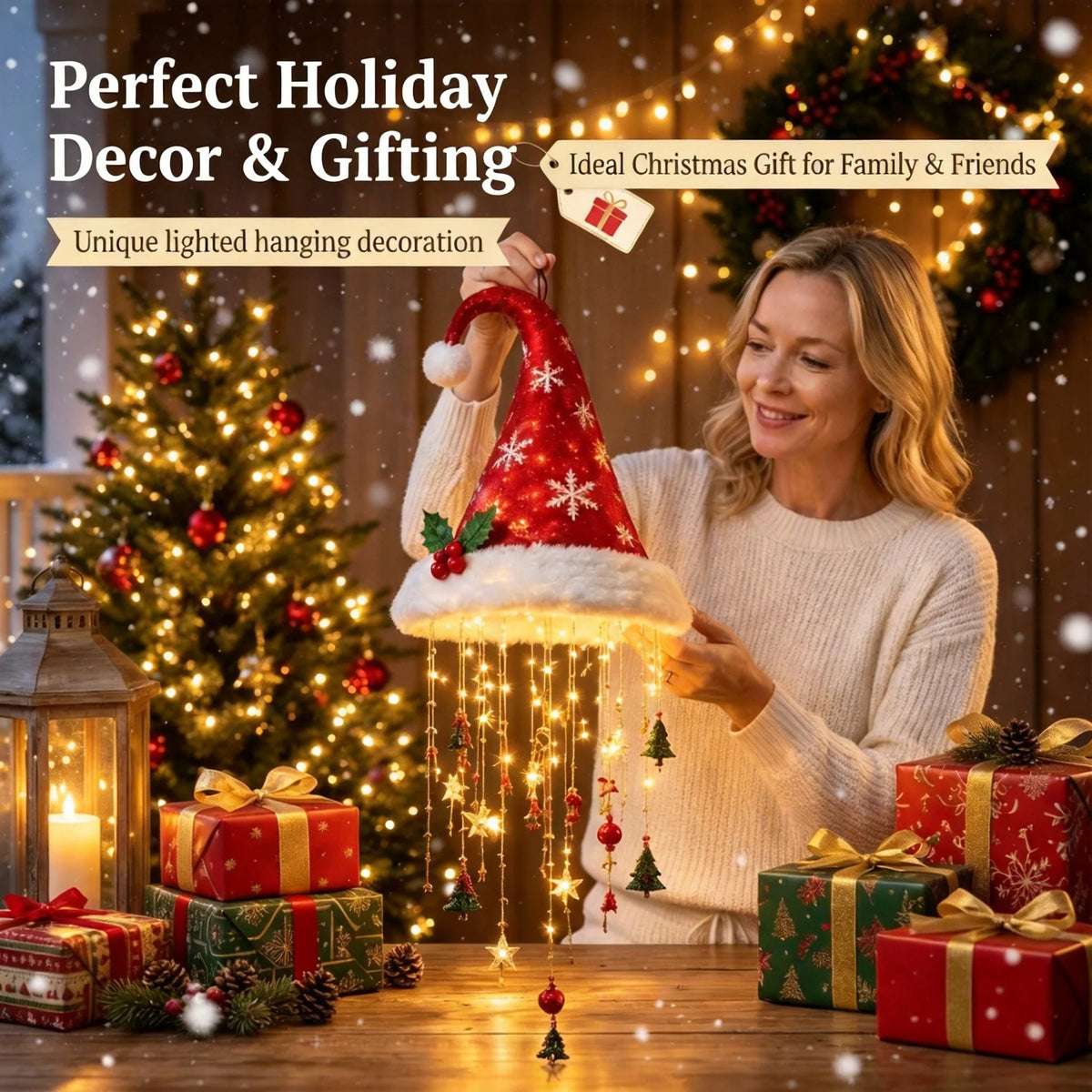 🎅✨Light‑Up Santa Hat Hanging Chandelier, Plush Christmas Pendant Light