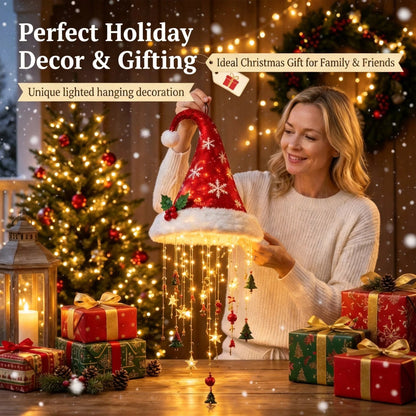 🎅✨Light‑Up Santa Hat Hanging Chandelier, Plush Christmas Pendant Light