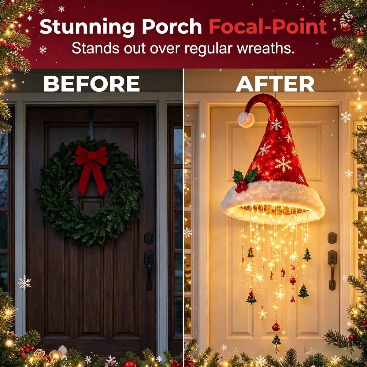 🎅✨Light‑Up Santa Hat Hanging Chandelier, Plush Christmas Pendant Light
