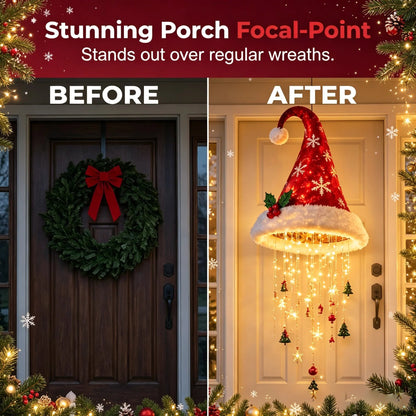 🎅✨Light‑Up Santa Hat Hanging Chandelier, Plush Christmas Pendant Light
