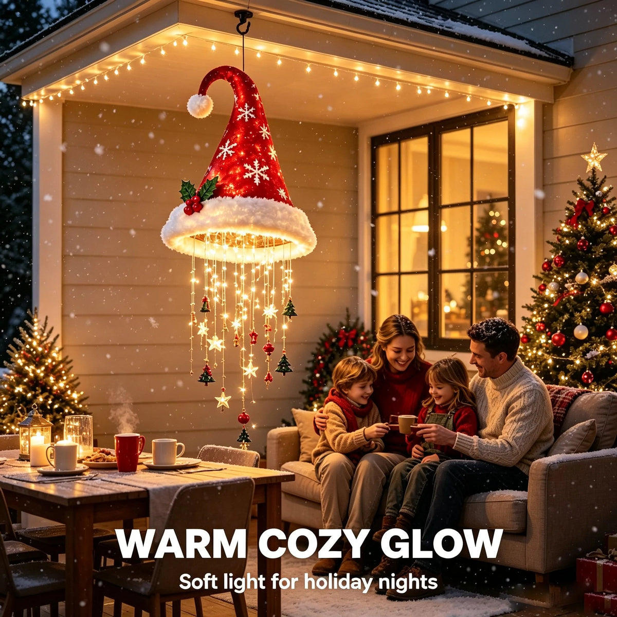 🎅✨Light‑Up Santa Hat Hanging Chandelier, Plush Christmas Pendant Light