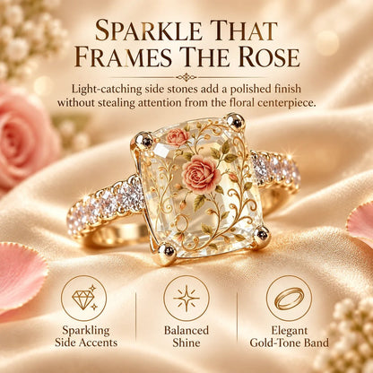 Vintage Rose Floral Crystal Statement Ring with Gold-Tone Band