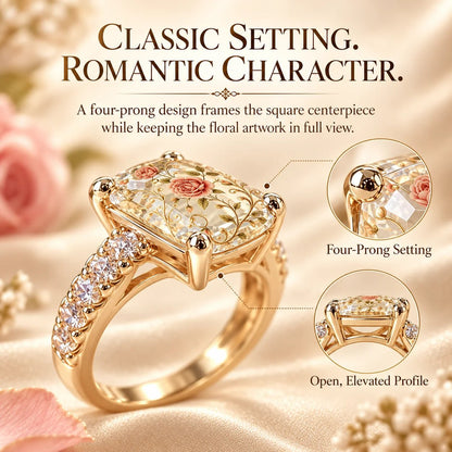 Vintage Rose Floral Crystal Statement Ring with Gold-Tone Band