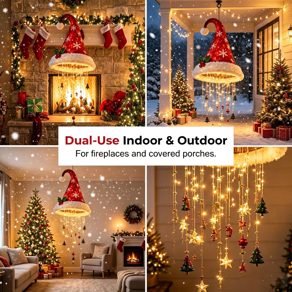🎅✨Light‑Up Santa Hat Hanging Chandelier, Plush Christmas Pendant Light
