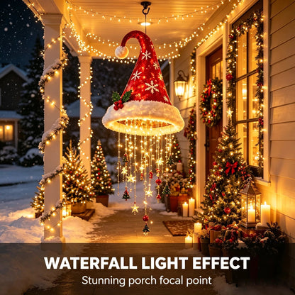 🎅✨Light‑Up Santa Hat Hanging Chandelier, Plush Christmas Pendant Light