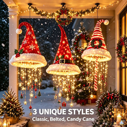 🎅✨Light‑Up Santa Hat Hanging Chandelier, Plush Christmas Pendant Light